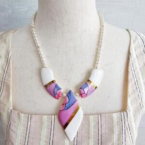 Vintage Faux Pearl Necklace with Large Ceramic Gilded Pink and Purple Beads